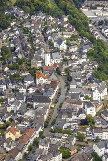 Aerial view, Alter Markt street with bell tower, historical sight, St. George's Chapel, Arnsberg, Ruhr area, North Rhine-Westphalia, Germany, place of worship, DE, Europe, religious community, place of worship, holy place, church, parish, denomination, aerial view, aerial photography, aerial photography, religion, religious site, sight, tower, overview, bird's-eye view, overview