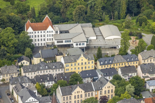 Aerial view, Mariengymnasium Arnsberg, Marienkapelle and apartment blocks, below the Norbertusschule, Arnsberg, Ruhr area, North Rhine-Westphalia, Germany, education, educational institution, DE, Europe, grammar school, teaching institute, aerial view, aerial photography, aerial photography, school, overview, bird's eye view, birds-eyes view, overview