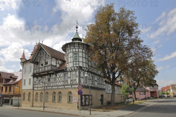 Fridolinhaus half-timbered house built in 1386, corner turret, Bad Rodach, Upper Franconia, Franconia, Bavaria, Germany