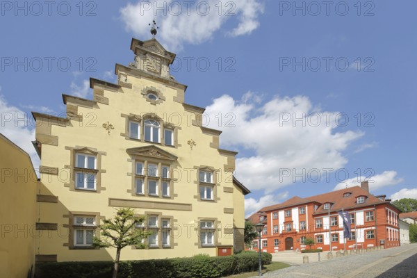 Old courthouse, today's police building, and baroque hunting lodge, stepped gable, Bad Rodach, Upper Franconia, Franconia, Bavaria, Germany