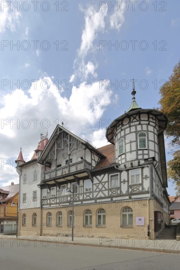 Fridolinhaus half-timbered house built in 1386, corner turret, Bad Rodach, Upper Franconia, Franconia, Bavaria, Germany