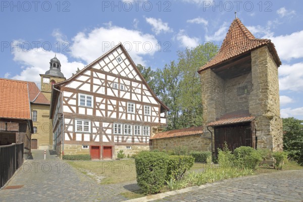 Historic old school built in 1672 and powder tower built in the 16th century, former town fortifications, town wall, shell tower, half-timbered house, Bad Rodach, Upper Franconia, Franconia, Bavaria, Germany