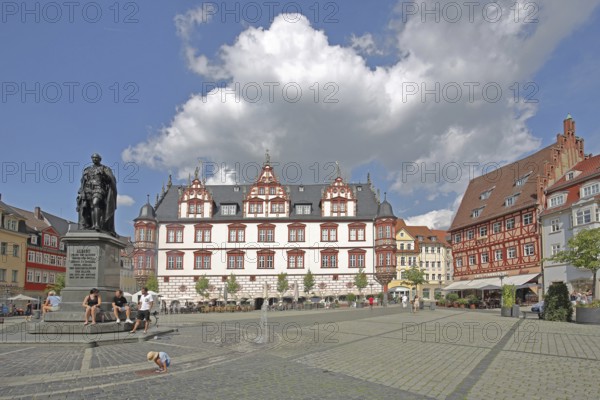 Monument to Prince Albert of Saxe-Coburg and Gotha, town hall, fountain, pedestrian, market square, Coburg, Upper Franconia, Franconia, Bavaria, Germany