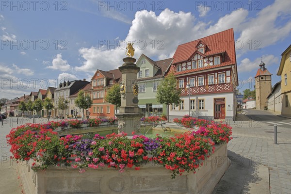 Market square with market fountain, half-timbered houses and copper tower, town tower, columns with heraldic animal, floral decoration, Bad Rodach, Upper Franconia, Franconia, Bavaria, Germany