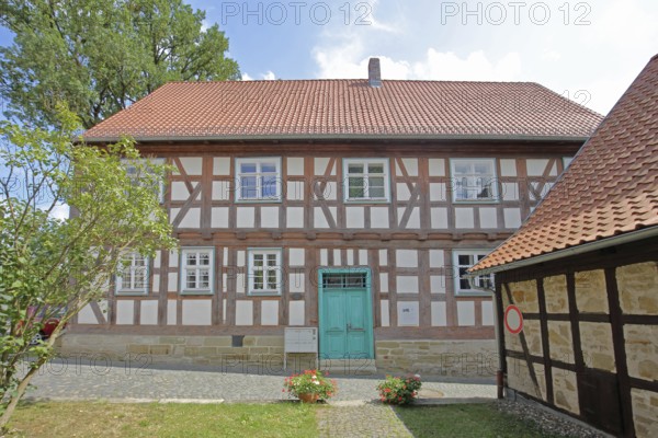 Historic old school built in 1672, half-timbered house, Bad Rodach, Upper Franconia, Franconia, Bavaria, Germany