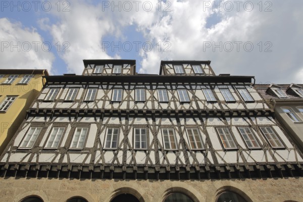 Gothic half-timbered mint master's house built in 1444, view upwards, Coburg, Upper Franconia, Franconia, Bavaria, Germany