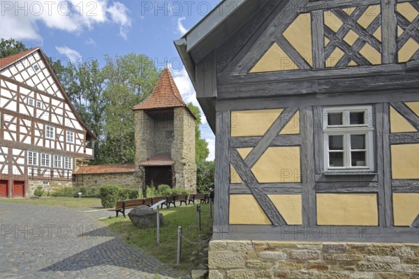 Half-timbered house, old school built 1672, powder tower built 16th century, shell tower, historic town wall, town fortifications, Bad Rodach, Upper Franconia, Franconia, Bavaria, Germany