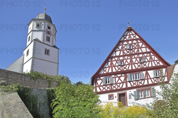 St. Nicholas Church built in 1510 and cantor's house built in 1510, half-timbered house, Rathausplatz, Winterhausen, Eibelstadt, Lower Franconia, Franconia, Bavaria, Germany