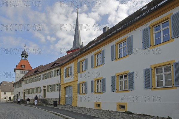 Protestant rectory, town hall and town musicians' tower, fortified church, gate tower, Marktsteft, Lower Franconia, Franconia, Bavaria, Germany