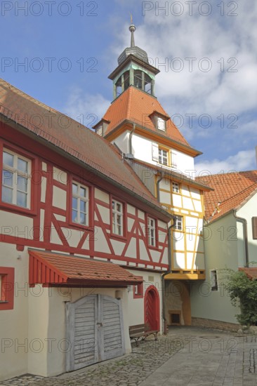 Fortified church, town hall from behind and town musicians' tower, gate tower, half-timbered house, Marktsteft, Lower Franconia, Franconia, Bavaria, Germany