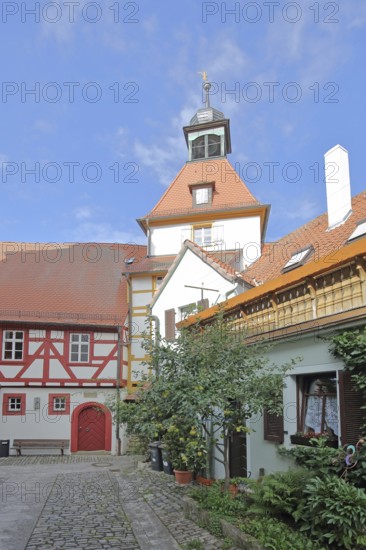 Fortified church with town musician tower and town hall from behind, gate tower, half-timbered house, Marktsteft, Lower Franconia, Franconia, Bavaria, Germany
