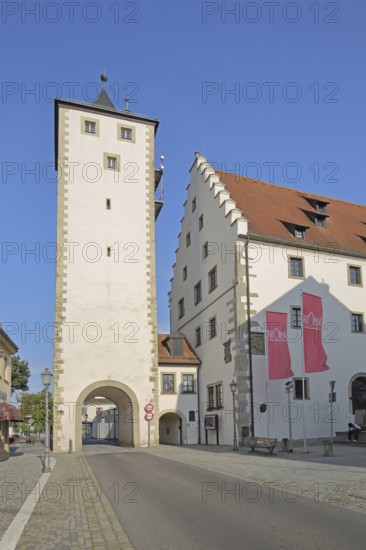 Upper tower and town hall with stepped gable, town gate, town tower, flags, Haßfurt, Lower Franconia, Franconia, Bavaria, Germany