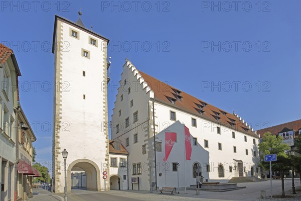 Upper tower and town hall with stepped gable and flags, town gate, town tower, Haßfurt, Lower Franconia, Franconia, Bavaria, Germany