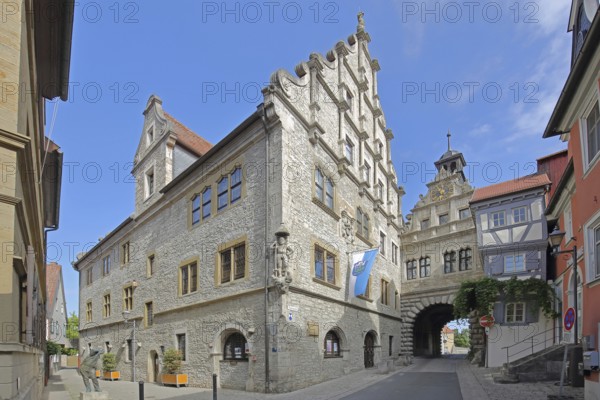 Renaissance town hall built in 1581 and Main Gate town gate, town tower, Marktbreit, Lower Franconia, Franconia, Bavaria, Germany