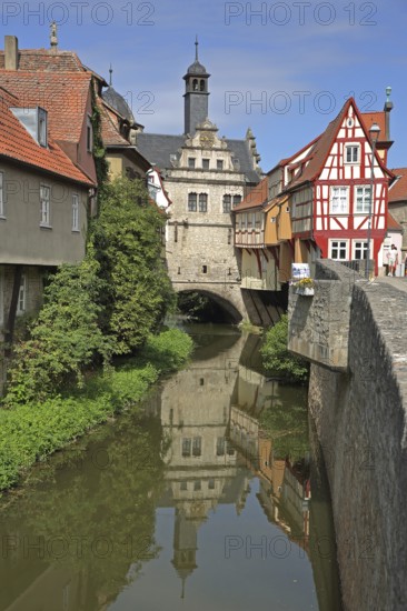 Half-timbered house Malerwinkelhaus and Main Gate at Breitbach, museum, town gate, idyll, reflection, museum, Marktbreit, Lower Franconia, Franconia, Bavaria, Germany