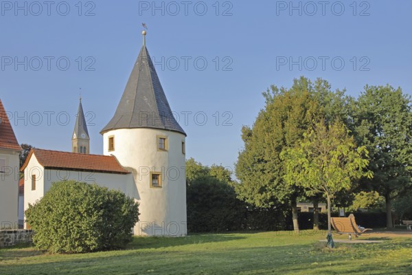Medieval Fröschturm, part of the former town wall, town fortification, tower with building, Haßfurt, Lower Franconia, Franconia, Bavaria, Germany