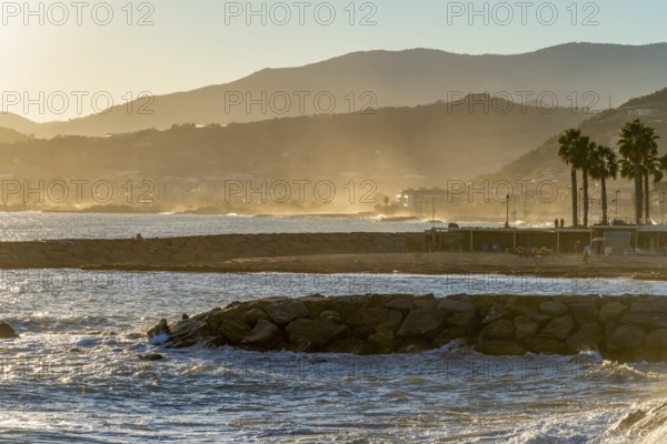 Idyllic seaside impression at evening time around Santo Stefano al Mare, a comune in the Province of Imperia in the Italian region Liguria