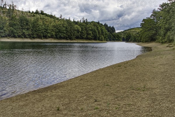 Shore of the Aggertalsperre with forest and cloudy sky in a quiet environment, Bergneustadt