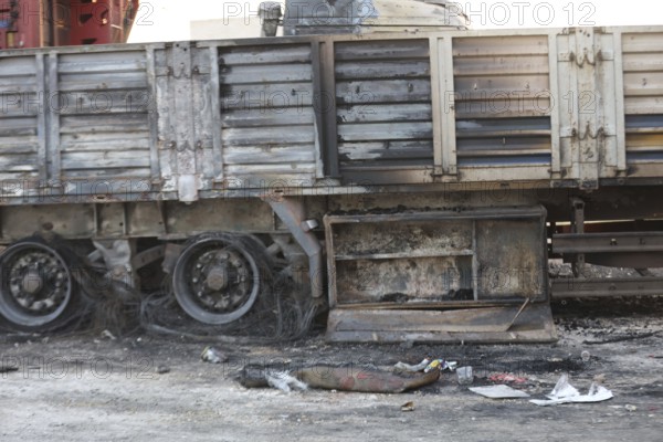 Burned trucks are seen in the opposition-held city of Azaz following shelling by forces loyal to Bashar al-Assad's regime targeting opposition areas in northern Syria. Aleppo, Syria. July 2, 2024, Aleppo, Azaz, Syria