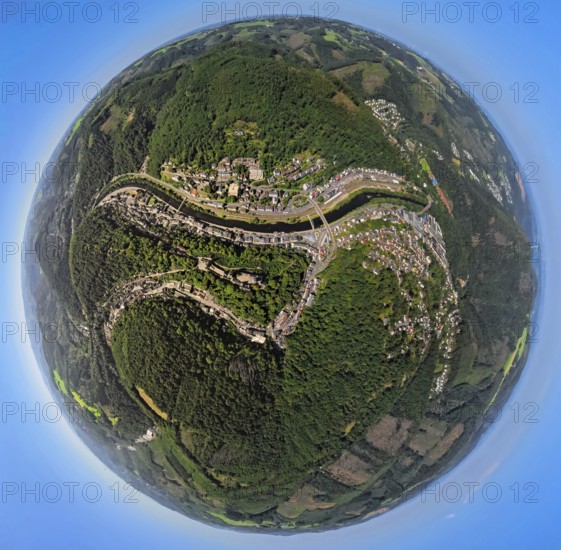 Aerial view, river Lenne and youth hostel Burg Altena on the Klusenberg, earth globe, fisheye image, 360 degree image, tiny world, little planet, fisheye image, Altena, Ruhr area, North Rhine-Westphalia, Germany, DE, Europe, fisheye lens, fisheye lens, Little Planet, aerial photography, aerial photography, aerial photography, Sauerland, super wide angle lens, Tiny World, overview, bird's eye view, birds-eyes view, fisheye lens, insta360 camera, overview