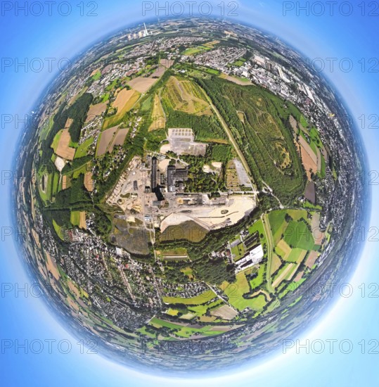 Aerial photo, CreativRevier Hamm, former colliery Heinrich-Robert, earth globe, fisheye image, 360 degree image, tiny world, little planet, fisheye image, district Herringen, Hamm, Ruhr area, North Rhine-Westphalia, Germany, Heinrich Robert mine, DE, Europe, fisheye lens, fisheye lens, Little Planet, aerial view, aerial photography, aerial photography, super wide angle lens, Tiny World, overview, bird's eye view, colliery, birds-eyes view, fisheye lens, insta360 camera, overview
