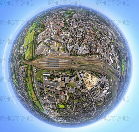 Aerial view, Hamm-West, harbour and city in between main station, globe, fisheye image, 360 degree image, tiny world, little planet, fisheye image, centre, Hamm, Ruhr area, North Rhine-Westphalia, Germany, railway area, railway station, DE, Deutsche Bahn AG, Europe, fisheye lens, fisheye lens, railway tracks, tracks, harbour, harbour area, harbour area, harbour overview, main station, main station, city centre view, Little Planet, aerial view, aerial photography, aerial photography, city centre, super wide angle lens, Tiny World, overview, bird's eye view, birds-eyes view, fisheye lens, insta360 camera, overview