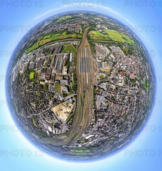 Aerial view, Hamm-West, harbour and city in between main station, globe, fisheye image, 360 degree image, tiny world, little planet, fisheye image, centre, Hamm, Ruhr area, North Rhine-Westphalia, Germany, railway area, railway station, DE, Deutsche Bahn AG, Europe, fisheye lens, fisheye lens, railway tracks, tracks, harbour, harbour area, harbour area, harbour overview, main station, main station, city centre view, Little Planet, aerial view, aerial photography, aerial photography, city centre, super wide angle lens, Tiny World, overview, bird's eye view, birds-eyes view, fisheye lens, insta360 camera, overview