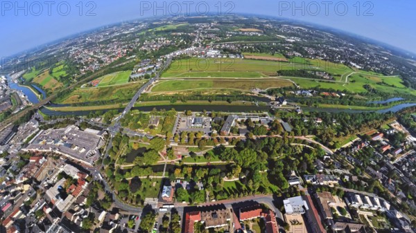 Aerial view, Lippeaue Erlebensraum und Flugplatz Hamm Lippewiesen EDLH, Gymnasium Hammonense am Datteln-Hamm-Kanal und Fluss Lippe mit Nordring Park, earth globe, fisheye image, 360 degree image, tiny world, little planet, fisheye image, Stadtbezirk Heessen, Hamm, Ruhr Area, North Rhine-Westphalia, Germany, terminal building, education, educational institution, DE, reception building, Europe, fisheye lens, fisheye lens, flight mission, airport, aircraft noise, airfield, high school, runway, educational institute, Little Planet, aerial view, aerial photography, aerial photography, school, runway, super wide angle lens, Tiny World, overview, bird's eye view, birds-eyes view, fisheye lens, insta360 camera, overview
