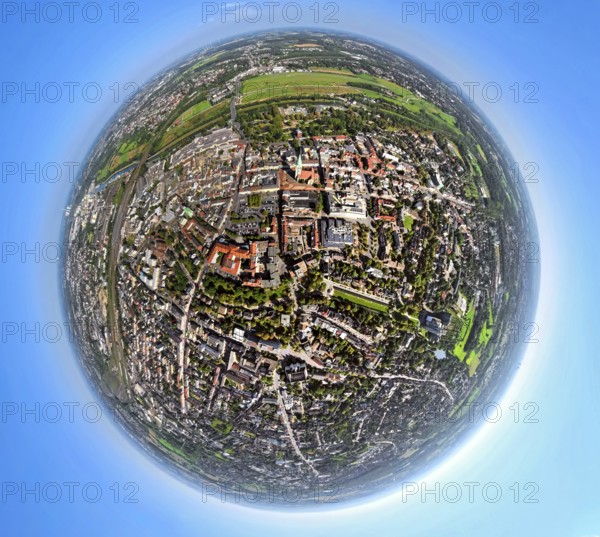 Aerial view, city centre with evang. Pauluskirche, Lippeaue Erlebensraum, Datteln-Hamm-Kanal and river Lippe, globe, fisheye image, fisheye image, 360 degree image, tiny world, little planet, fisheye image, centre, Hamm, Ruhr area, North Rhine-Westphalia, Germany, place of worship, DE, Europe, fisheye lens, fisheye lens, religious community, place of worship, holy place, church, parish, denomination, Little Planet, aerial view, aerial photography, aerial photography, local recreation area, religion, religious site, super wide angle lens, tiny world, overview, bird's eye view, fisheye lens, insta360 camera, overview