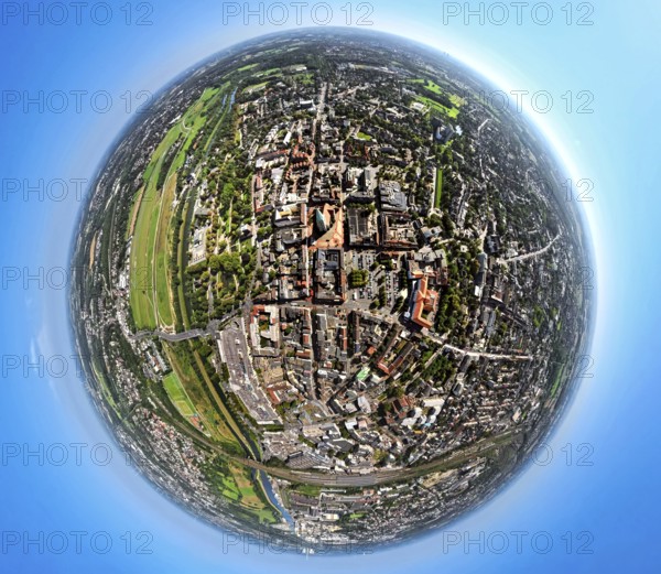 Aerial view, city centre Oststraße with evang. Pauluskirche, Lippeaue Erlebensraum am Datteln-Hamm-Kanal und Fluss Lippe, earth globe, fisheye image, fisheye image, 360 degree image, tiny world, little planet, fisheye image, centre, Hamm, Ruhr area, North Rhine-Westphalia, Germany, place of worship, DE, Europe, fisheye lens, fisheye lens, religious community, place of worship, holy place, church, parish, denomination, Little Planet, aerial view, aerial photography, aerial photography, local recreation area, religion, religious site, super wide angle lens, tiny world, overview, bird's eye view, fisheye lens, insta360 camera, overview