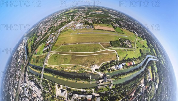 Aerial photograph, Hamm Lippewiesen EDLH airfield, Hamm Mattenbecke sewage treatment plant, River Lippe and Datteln-Hamm Canal, globe, fisheye image, fisheye image, 360 degree image, tiny world, little planet, fisheye image, Heessen district, Hamm, Ruhr area, North Rhine-Westphalia, Germany, terminal building, DE, reception building, Europe, fisheye lens, fisheye lens, flight mission, airport, aircraft noise, airfield, runway, Little Planet, aerial view, aerial photography, aerial photography, runway, super wide angle lens, Tiny World, overview, bird's-eye view, fisheye lens, insta360 camera, overview