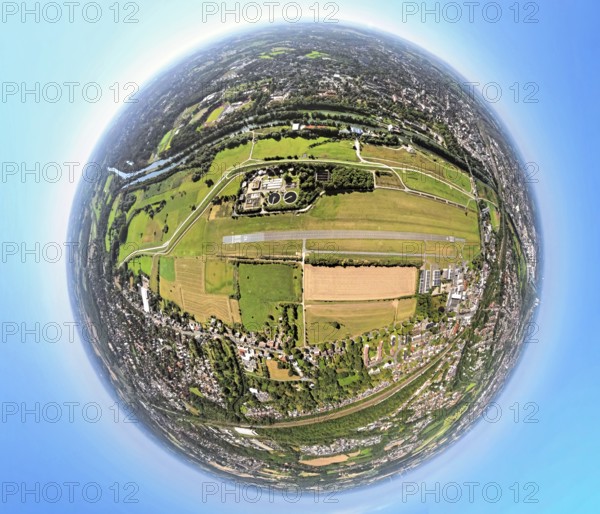 Aerial photograph, Hamm Lippewiesen EDLH airfield, Hamm Mattenbecke sewage treatment plant, earth globe, fisheye image, 360 degree image, tiny world, little planet, fisheye image, Heessen district, Hamm, Ruhr area, North Rhine-Westphalia, Germany, terminal building, DE, reception building, Europe, fisheye lens, fisheye lens, flight mission, airport, aircraft noise, airfield, runway, Little Planet, aerial view, aerial photography, aerial photography, runway, super wide angle lens, Tiny World, overview, bird's eye view, fisheye lens, insta360 camera, overview