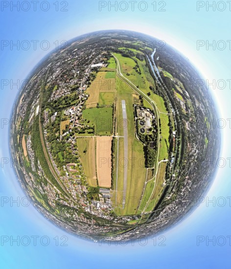 Aerial photograph, Hamm Lippewiesen EDLH airfield, Hamm Mattenbecke sewage treatment plant, earth globe, fisheye image, 360 degree image, tiny world, little planet, fisheye image, Heessen district, Hamm, Ruhr area, North Rhine-Westphalia, Germany, terminal building, DE, reception building, Europe, fisheye lens, fisheye lens, flight mission, airport, aircraft noise, airfield, runway, Little Planet, aerial view, aerial photography, aerial photography, runway, super wide angle lens, Tiny World, overview, bird's eye view, fisheye lens, insta360 camera, overview
