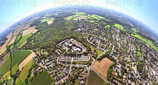 Aerial view, St. Barbara Klinik with car park and helipad, local recreation area Sundern Wald, earth globe, fisheye image, 360 degree image, tiny world, little planet, fisheye image, district Heessen, Hamm, Ruhr area, North Rhine-Westphalia, Germany, DE, Europe, fisheye lens, fisheye lens, healthcare, hospital, clinic, clinic centre, hospital, Little Planet, aerial photography, aerial photography, aerial photography, medical facility, medical help, super wide angle lens, tiny world, overview, bird's eye view, birds-eyes view, fisheye lens, insta360 camera, overview, medical care