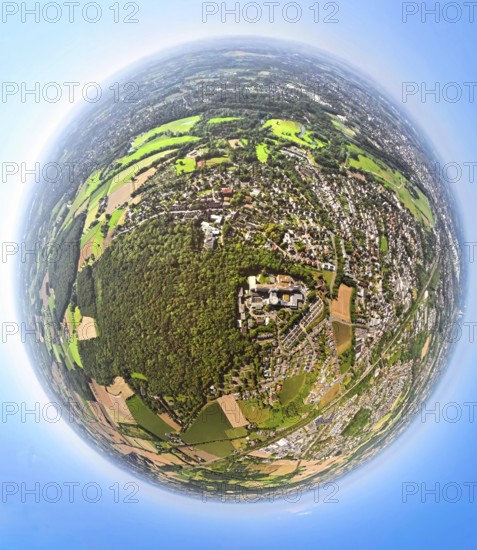 Aerial view, St. Barbara Klinik with car park and helipad, forest area and local recreation area Sundern, earth globe, fisheye image, 360 degree image, tiny world, little planet, fisheye image, district Heessen, Hamm, Ruhr area, North Rhine-Westphalia, Germany, DE, Europe, fisheye lens, fisheye lens, healthcare, hospital, clinic, clinic centre, hospital, Little Planet, aerial photography, aerial photography, aerial photography, medical facility, medical help, super wide angle lens, tiny world, overview, bird's eye view, birds-eyes view, fisheye lens, insta360 camera, overview, medical care