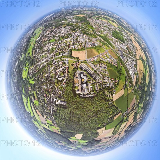 Aerial view, St. Barbara Klinik with car park and helipad, forest area and local recreation area Sundern, earth globe, fisheye image, 360 degree image, tiny world, little planet, fisheye image, district Heessen, Hamm, Ruhr area, North Rhine-Westphalia, Germany, DE, Europe, fisheye lens, fisheye lens, healthcare, hospital, clinic, clinic centre, hospital, Little Planet, aerial photography, aerial photography, aerial photography, medical facility, medical help, super wide angle lens, tiny world, overview, bird's eye view, birds-eyes view, fisheye lens, insta360 camera, overview, medical care