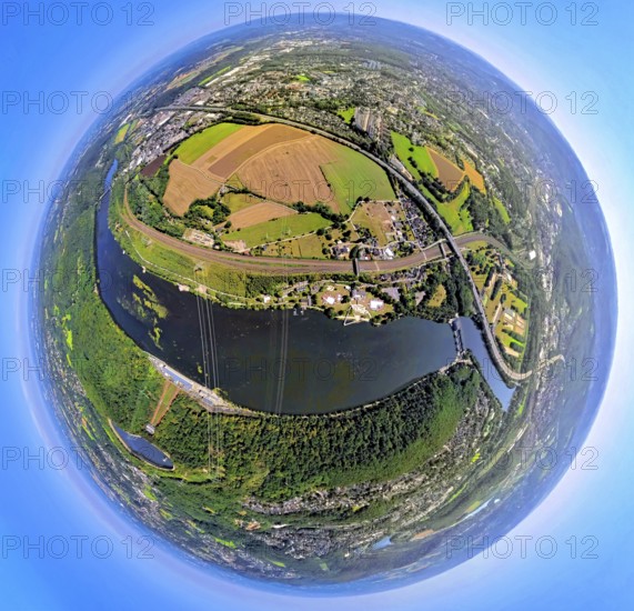 Aerial view, Hengsteysee between the cities of Hagen, Herdecke and Wetter, Salitos Beach Hengsteysee, railway line Wetter Hagen and motorway A1, Köpchenwerk with Ardeygebirge at the lake, globe, fisheye image, fisheye image, 360 degree image, tiny world, little planet, fisheye image, Boele, Hagen, Ruhr area, North Rhine-Westphalia, Germany, excursion destination, motorway, DE, Deutsche Bahn AG, Europe, fisheye lens, fisheye lens, railway tracks, tracks, Little Planet, aerial view, aerial photography, aerial photography, lake, super wide angle lens, Tiny World, overview, bird's eye view, birds-eyes view, fisheye lens, insta360 camera, overview