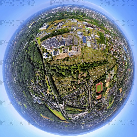 Aerial view, industrial estate technology park and service location Phoenix-West, globe, fisheye image, 360 degree image, tiny world, little planet, fisheye image, Hacheney, Dortmund, Ruhr area, North Rhine-Westphalia, Germany, DE, Europe, fisheye lens, fisheye lens, commercial development, Little Planet, aerial view, aerial photography, aerial photography, super wide angle lens, Tiny World, overview, bird's eye view, birds-eyes view, fisheye lens, insta360 camera, overview