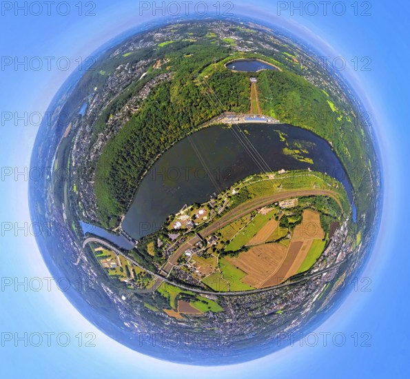 Aerial view, Hengsteysee between the cities Hagen, Herdecke and Wetter, Salitos Beach Hengsteysee, railway line Wetter Hagen and motorway A1, Köpchenwerk with Ardeygebirge at the lake, globe, fisheye image, fisheye image, 360 degree image, tiny world, little planet, fisheye image, Boele, Hagen, Ruhr area, North Rhine-Westphalia, Germany, excursion destination, motorway, DE, Deutsche Bahn AG, Europe, fisheye lens, fisheye lens, railway tracks, tracks, Herdecke, Little Planet, aerial view, aerial photography, aerial photography, lake, super wide angle lens, Tiny World, overview, bird's eye view, birds-eyes view, fisheye lens, insta360 camera, overview