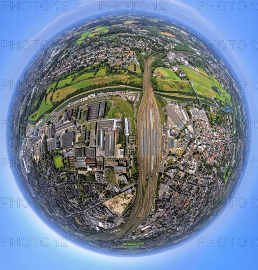 Aerial view, Hamm-West, harbour and city in between main station, globe, fisheye image, 360 degree image, tiny world, little planet, fisheye image, centre, Hamm, Ruhr area, North Rhine-Westphalia, Germany, railway area, railway station, DE, Deutsche Bahn AG, Europe, fisheye lens, fisheye lens, railway tracks, tracks, harbour, harbour area, harbour area, harbour overview, main station, main station, city centre view, Little Planet, aerial view, aerial photography, aerial photography, city centre, super wide angle lens, Tiny World, overview, bird's eye view, birds-eyes view, fisheye lens, insta360 camera, overview