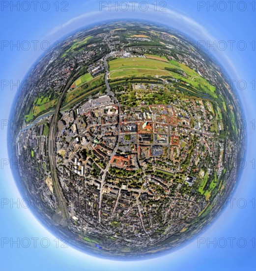 Aerial view, city centre with evang. Pauluskirche, Lippeaue Erlebensraum and airfield Hamm Lippewiesen EDLH, sewage treatment plant Hamm Mattenbecke, Datteln-Hamm canal and river Lippe, globe, fisheye image, fisheye image, 360 degree image, tiny world, little planet, fisheye image, centre, Hamm, Ruhr area, North Rhine-Westphalia, Germany, place of worship, DE, Europe, fisheye lens, fisheye lens, religious community, place of worship, holy place, church, parish, denomination, Little Planet, aerial view, aerial photography, aerial photography, local recreation area, religion, religious site, super wide angle lens, tiny world, overview, bird's eye view, fisheye lens, insta360 camera, overview