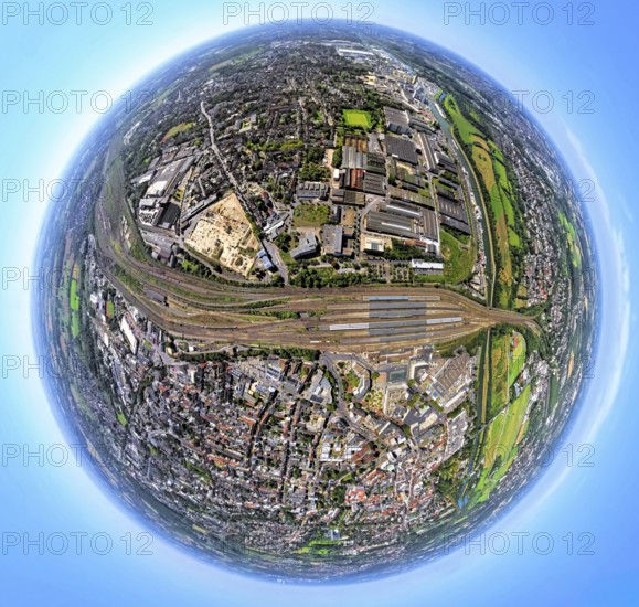 Aerial view, Hamm-West, harbour and city in between main station, globe, fisheye image, 360 degree image, tiny world, little planet, fisheye image, centre, Hamm, Ruhr area, North Rhine-Westphalia, Germany, railway area, railway station, DE, Deutsche Bahn AG, Europe, fisheye lens, fisheye lens, railway tracks, tracks, harbour, harbour area, harbour area, harbour overview, main station, main station, city centre view, Little Planet, aerial view, aerial photography, aerial photography, city centre, super wide angle lens, Tiny World, overview, bird's eye view, birds-eyes view, fisheye lens, insta360 camera, overview
