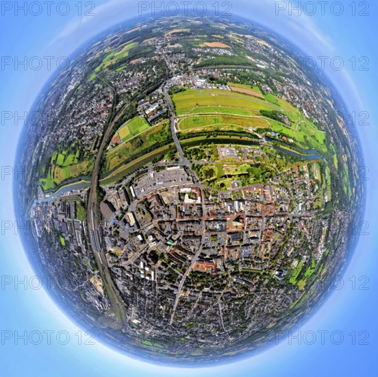 Aerial view, city centre with evang. Pauluskirche, Lippeaue Erlebensraum, Hamm Lippewiesen EDLH airfield, Hamm Mattenbecke sewage treatment plant, Datteln-Hamm canal and river Lippe, globe, fisheye image, fisheye image, 360 degree image, tiny world, little planet, fisheye image, centre, Hamm, Ruhr area, North Rhine-Westphalia, Germany, place of worship, DE, Europe, fisheye lens, fisheye lens, religious community, place of worship, holy place, church, parish, denomination, Little Planet, aerial view, aerial photography, aerial photography, local recreation area, religion, religious site, super wide angle lens, tiny world, overview, bird's eye view, fisheye lens, insta360 camera, overview