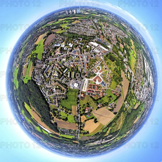 Aerial view, residential area, view of Herringen district with Herringer Markt, globe, fisheye image, 360 degree image, tiny world, little planet, fisheye image, Herringen district, Hamm, Ruhr area, North Rhine-Westphalia, Germany, DE, Europe, fisheye lens, fisheye lens, Little Planet, aerial photography, aerial photography, super wide angle lens, Tiny World, overview, bird's eye view, birds-eyes view, fisheye lens, insta360 camera, overview