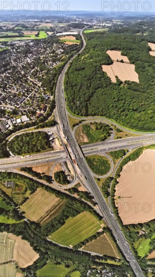 Aerial view, Westhofener Kreuz motorway junction with motorway A45 and motorway A1, construction site, earth globe, fisheye image, 360 degree image, tiny world, little planet, fisheye image, Westhofen, Schwerte, Ruhr area, North Rhine-Westphalia, Germany, Autobahn, DE, Dortmund, Europe, fisheye lens, fisheye lens, Little Planet, aerial photography, aerial photography, aerial photography, road traffic, super wide angle lens, Tiny World, overview, bird's eye view, birds-eyes view, fisheye lens, insta360 camera, overview