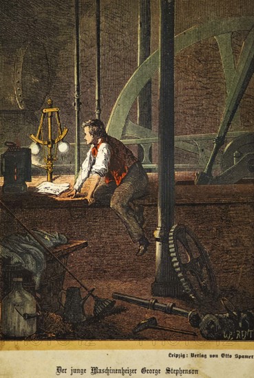 The young engine stoker George Stephenson (1781, 1848) looks at parts of the steam engine, English engineer, technology of mining, industry, construction of steam locomotives, interior, inventions in the 18th century, industrialisation, coloured historical illustration 1872, Germany