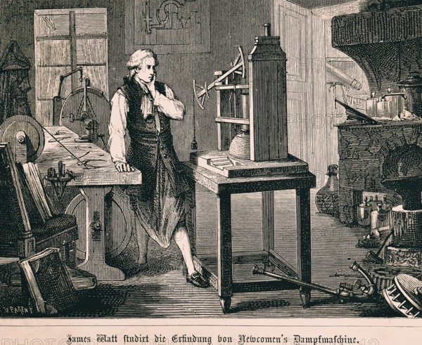James Watt studies the invention of the Newcomen steam engine, industrialisation, technology, industry, instruments, tools, table, experiments, interior, inventions in the 19th century, historical illustration 1872, Germany