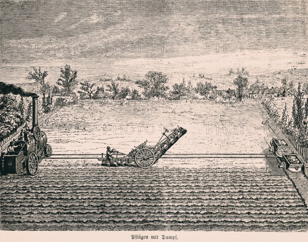 Ploughing with steam, technology, machine, industry, inventions in the 19th century, historical illustration 1872, Germany
