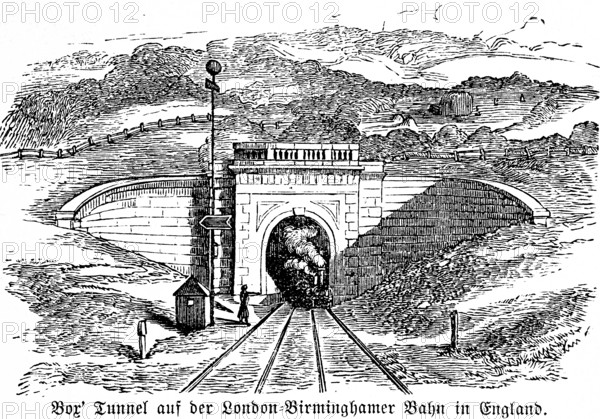 Tunnel on the London-Birmingham railway in England, rails, double track, signal, steam locomotive, London, Birmingham, technology, industry, economy, inventions in the 18th century, historical illustration 1872, Germany