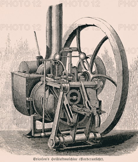 Front view of a hot-air engine by the Swedish engineer Ericson, calorific engine, utilisation and heating of air, generation of pressure, piston, lever mechanism, technology, inventions in the 19th century, historical illustration 1872, Germany